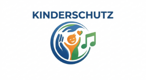 Logo zum Thema Kinderschutz im Musikverband: Der Schriftzug "KINDERSCHUTZ" über einem runden Emblem mit schützender Hand, einer fröhlichen Kinderfigur und einer grünen Musiknote.