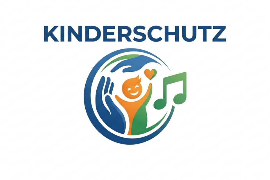 Logo zum Thema Kinderschutz im Musikverband: Der Schriftzug "KINDERSCHUTZ" über einem runden Emblem mit schützender Hand, einer fröhlichen Kinderfigur und einer grünen Musiknote.