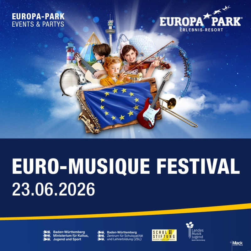 Werbe-Grafik für das Euro-Musique-Festival am 23.06.2026 im Europa-Park Rust. Im oberen Teil musizierende Kinder vor Achterbahn-Kulisse, im unteren Teil der blaue Schriftzug des Festivals und die Logos des Ministeriums für Kultus, Jugend und Sport BW, des ZSL, der Schulstiftung und der Landesmusikjugend.