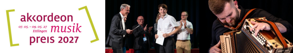 Banner zum Akkordeon Musik Preis 2027 mit Preisverleihung und Akkordeonspieler. © Deutscher Harmonika-Verband e. V. 