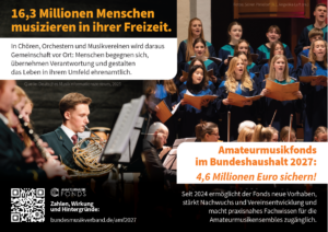 Postkarte zur Kampagne für den Amateurmusikfonds 2027 mit dem Aufruf, die Förderung der Amateurmusik zu sichern.